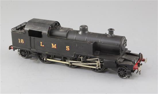 A scratch built O gauge 2-6-2 LMS tank locomotive, with Maxwell Reed motor, number 18, LMS black livery, overall 29cm